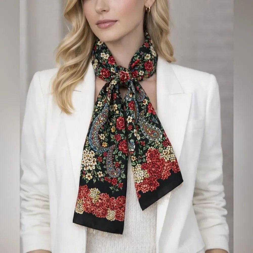 Vera Floral Paisley Hand Rolled Silk Feel Oblong Scarf Black 11 x 52